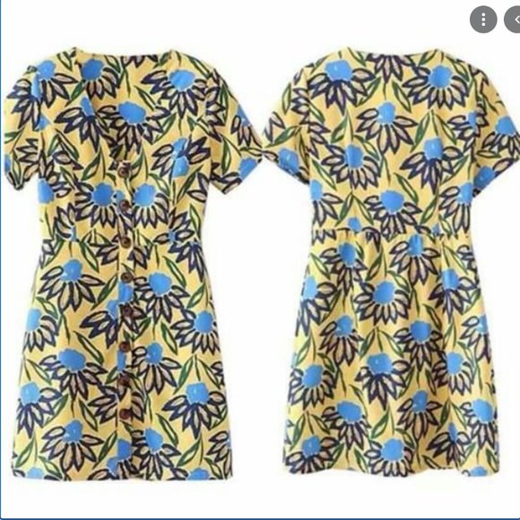 ZARA TRF Yellow and Blue Floral Mini Dress - Picture 4 of 6